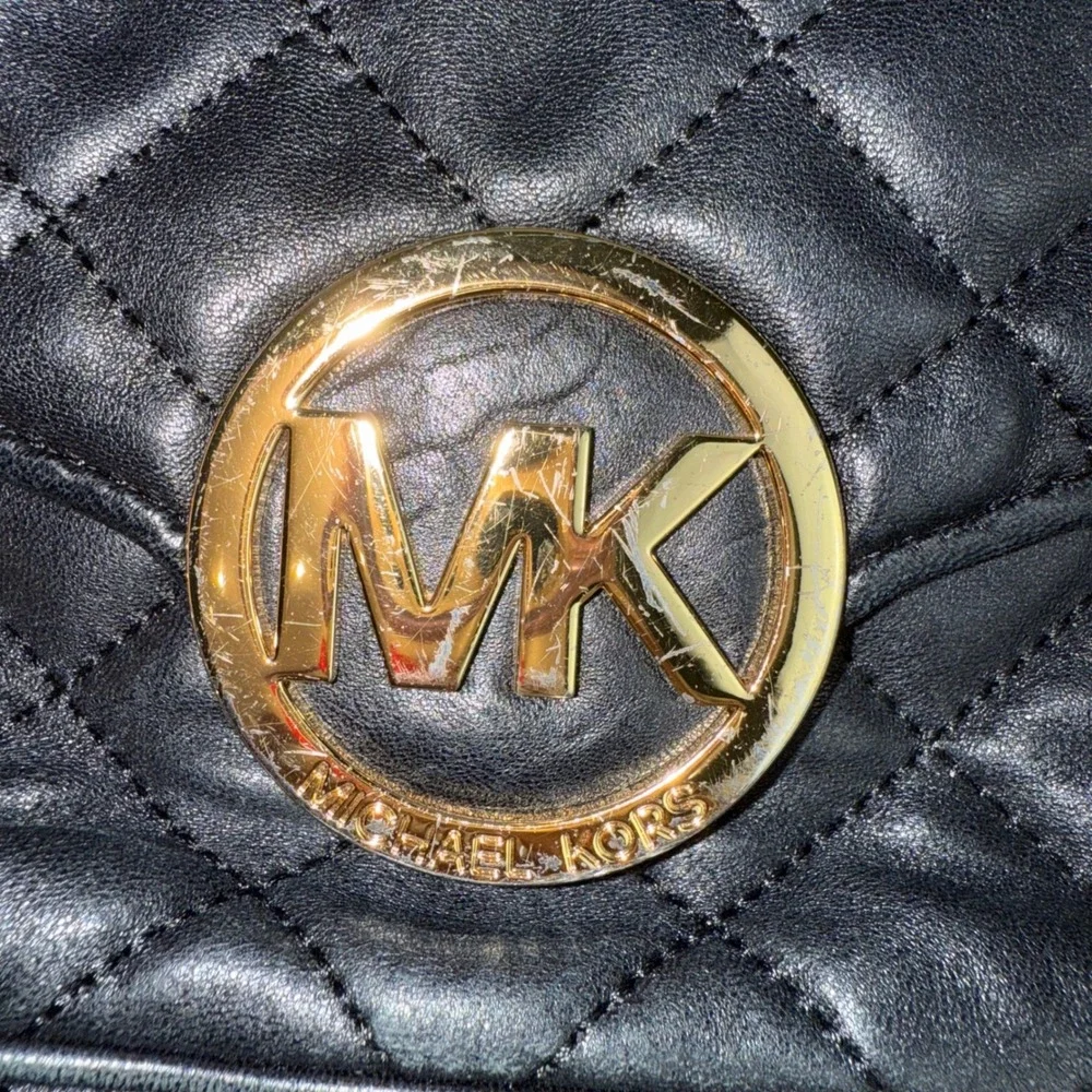 Michael Kors Black Quilted‎ Leather Crossbody Bag Gold Chain MK Logo